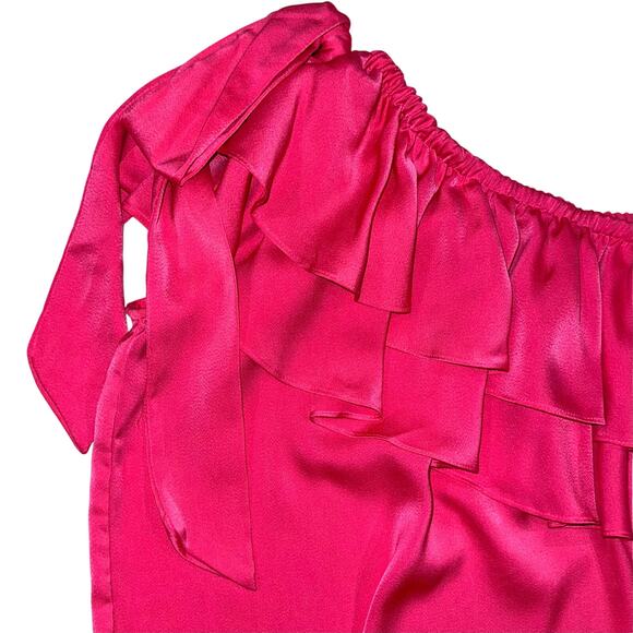 CeCe Hot Pink Satin Ruffle Bow Tie One Shoulder Blouse Size S - Picture 5 of 10